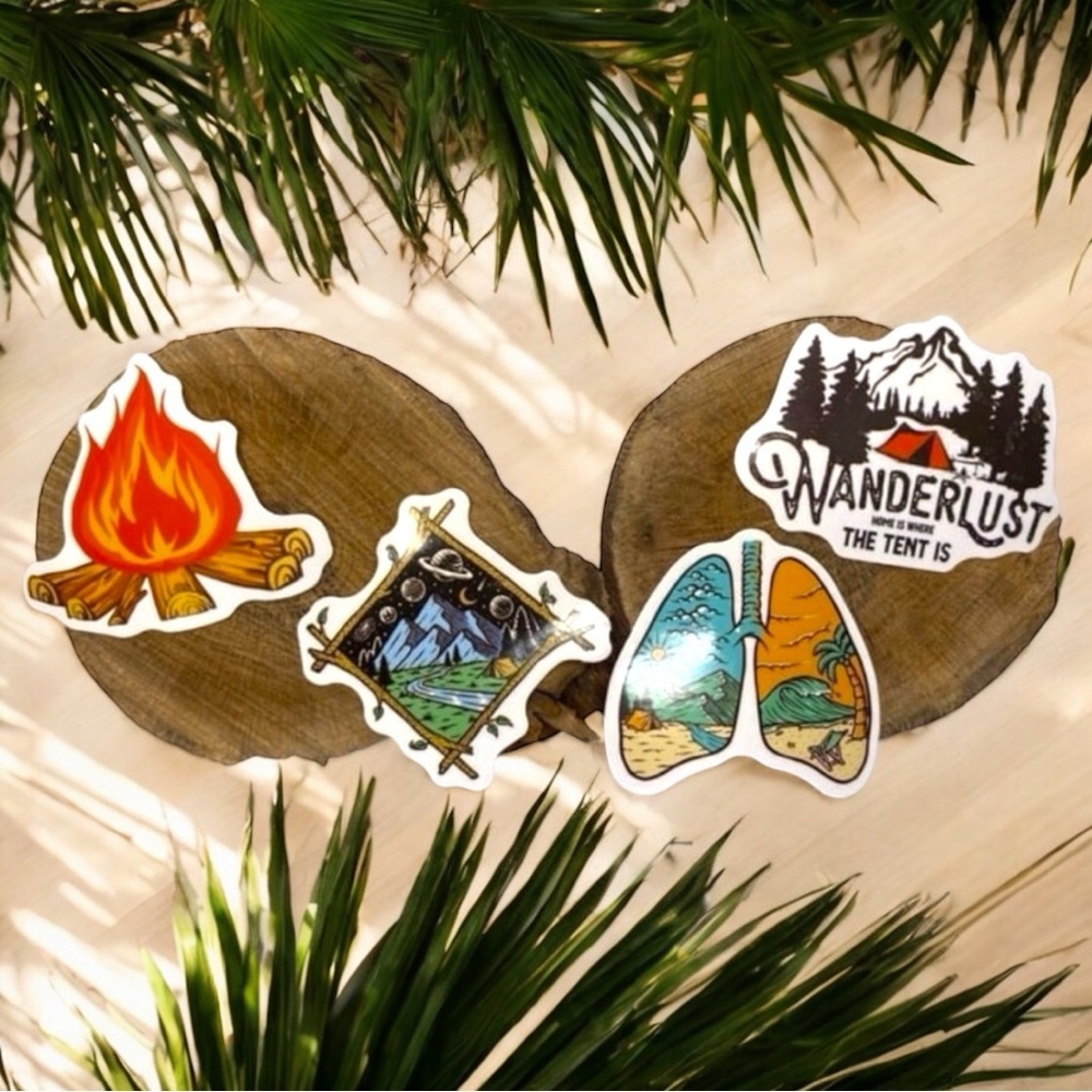 NEW 4 Camping / Wanderlust / Tent / Camp Fire / Beach Waterproof Vinyl Stickers